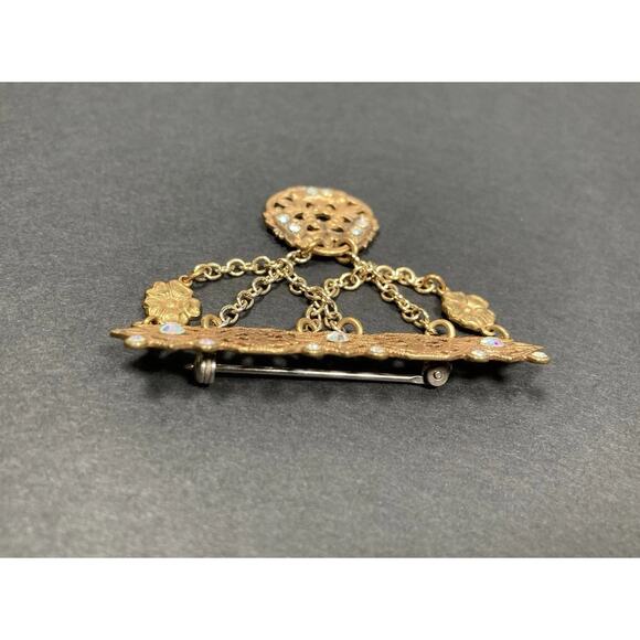 Vintage Victorian Revival Brass Tone Dangle Chain Brooch Rhinestones Festoon - Picture 3 of 11